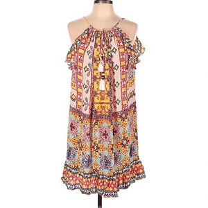 Rococo Sand 100% Silk Sleeveless Sequined Ruffle Bottom Mini Dress Size L Large